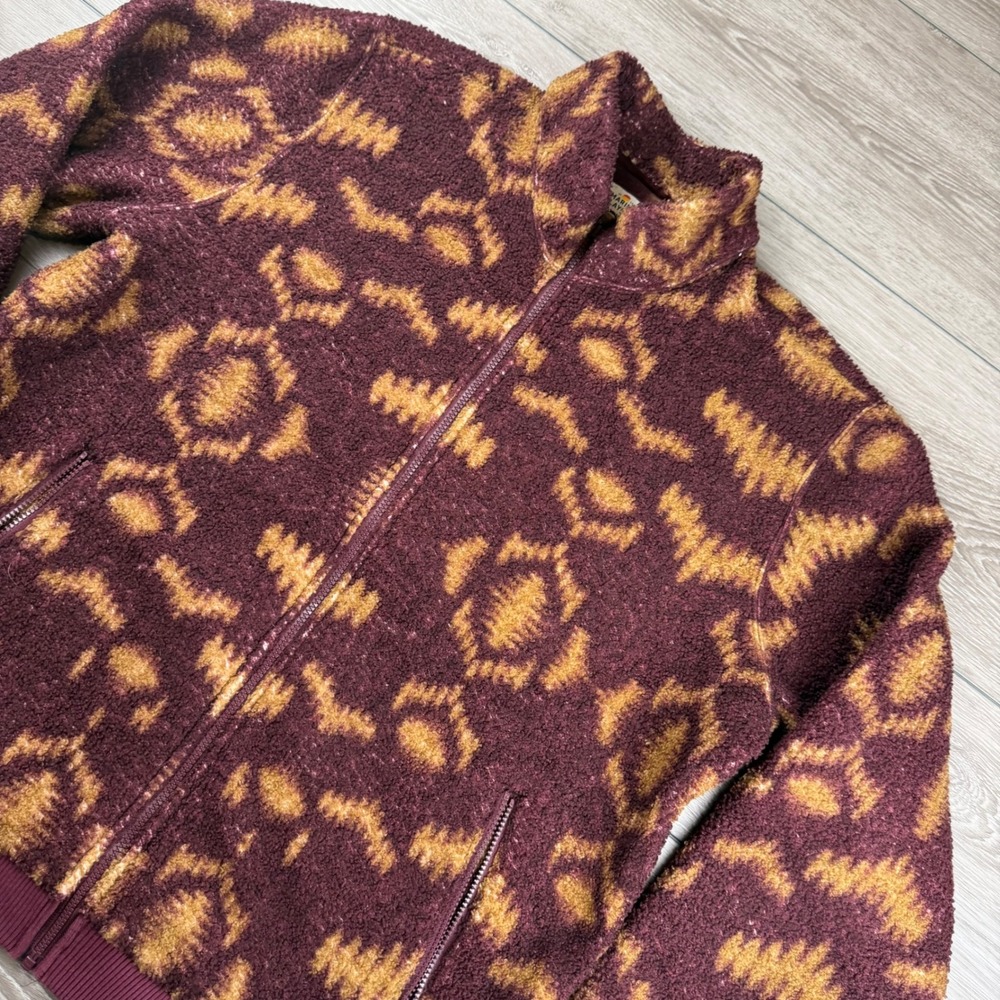 Marine Layer Mens Sherpa Fleece Full Zip Jacket Southwest Pattern Burgundy XL